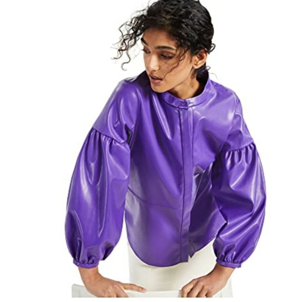 NWT Alfani Purple Faux Leather Button Down Balloon Sleeve Top